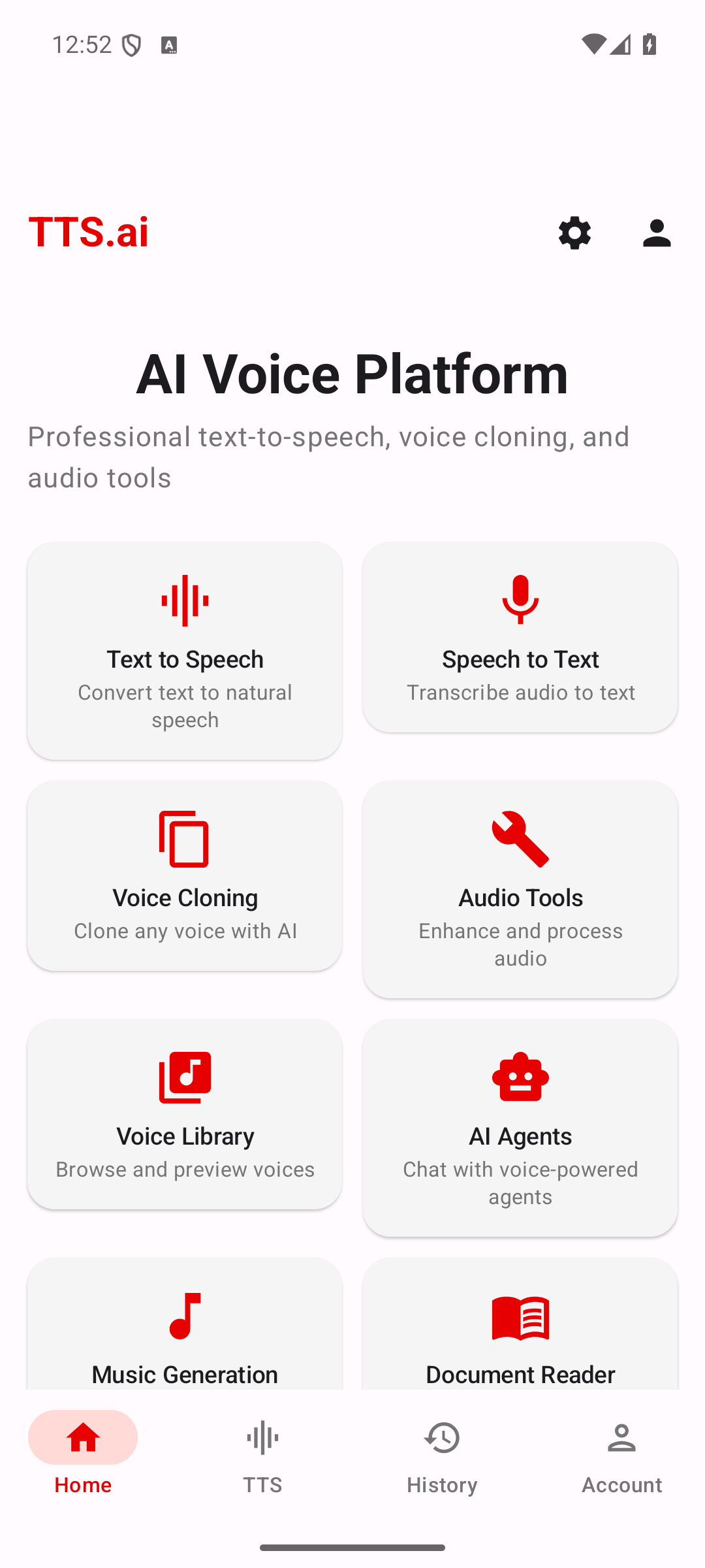 TTS.ai Android app home screen